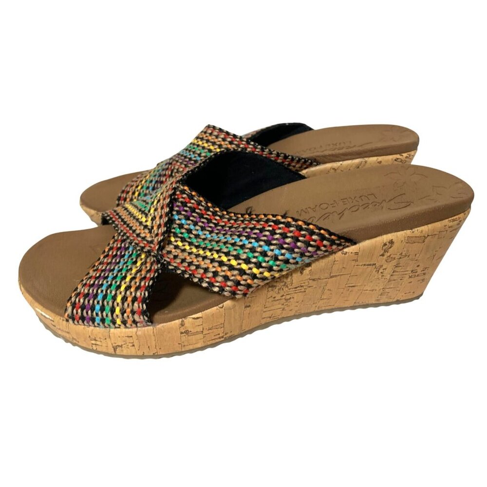 Skechers Womens Size 7.5 Mulicolor criss cross Straps Sandals Wedge 2.5 in Heel